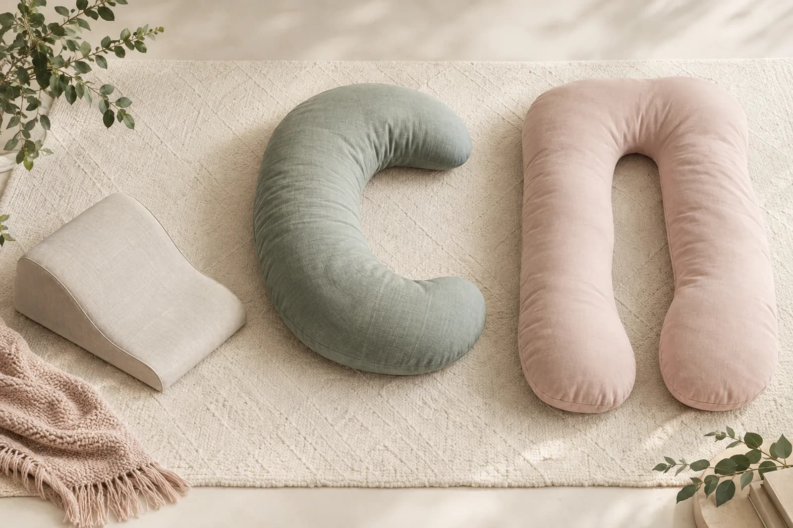 Wedge, C-shaped, and U-shaped pregnancy pillows arranged side by side