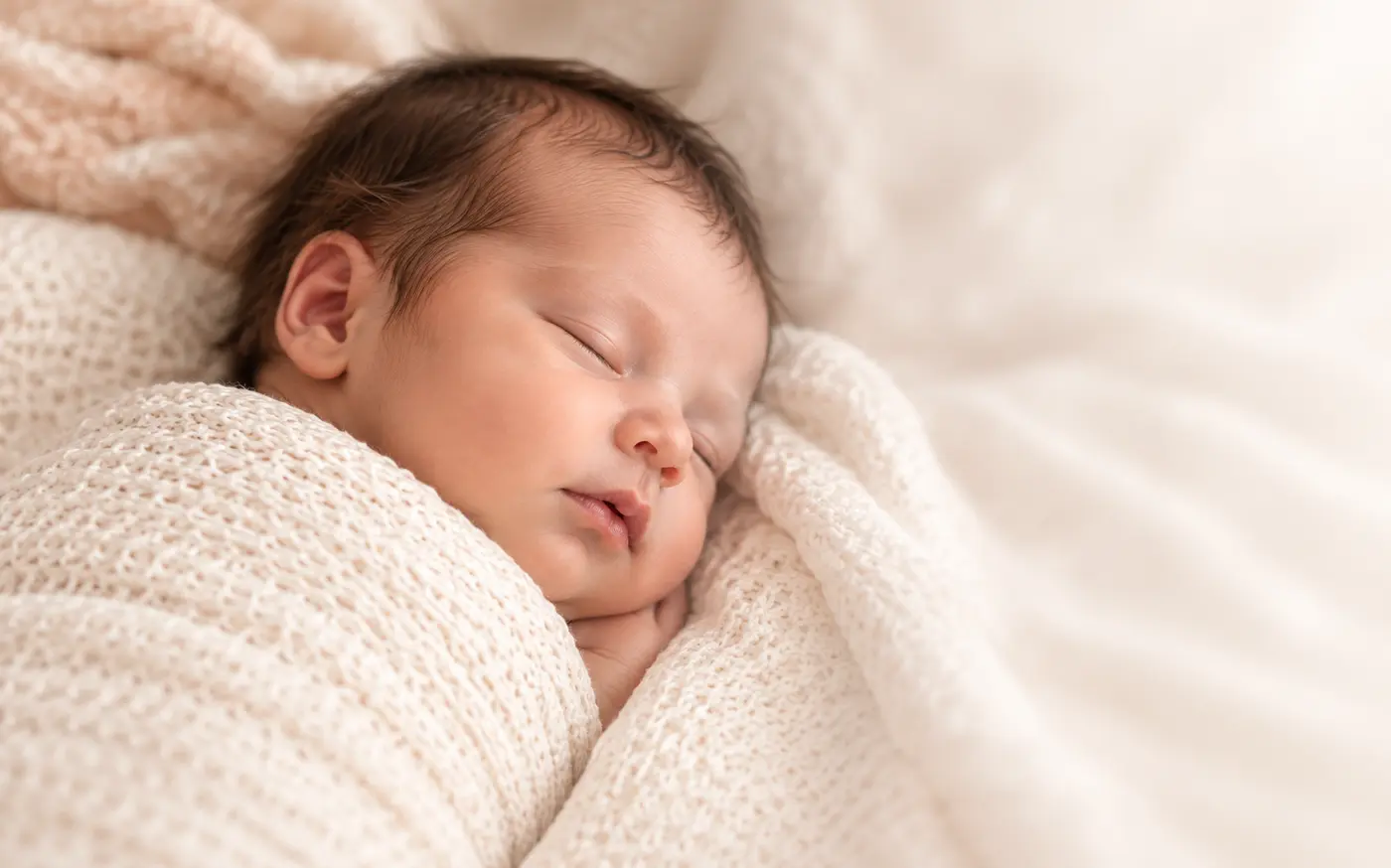 Sleeping newborn wrapped in a cream blanket