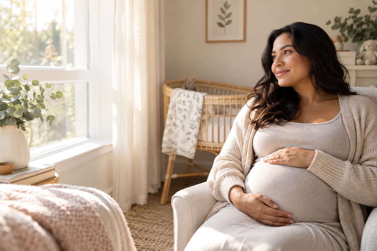 Expectant parent relaxing in a sunlit nursery