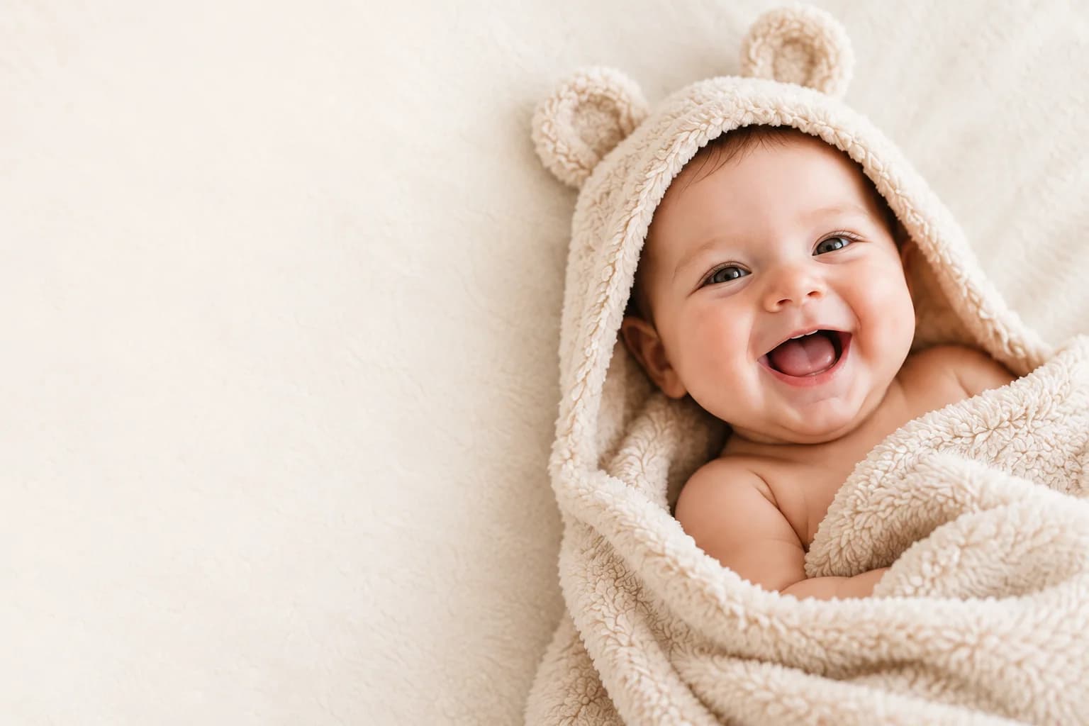 Smiling baby wrapped in a cream bear-eared blanket