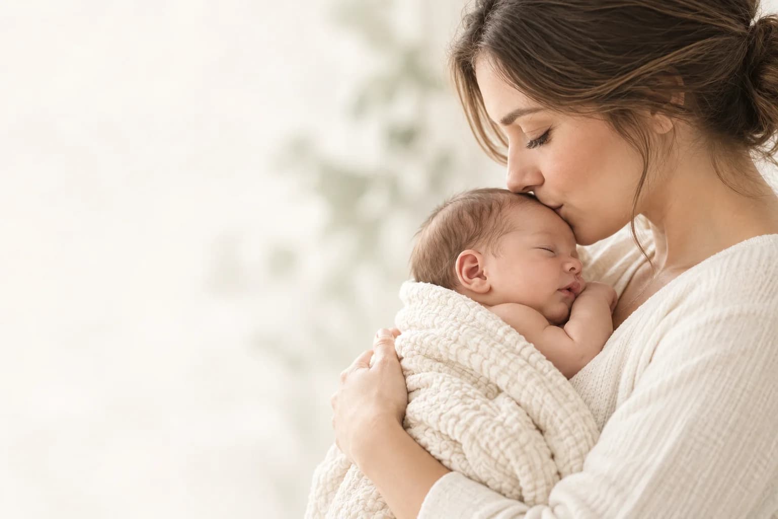Mother kissing her sleeping newborn