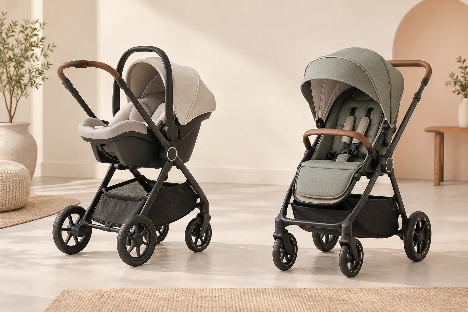 An infant travel system and a standalone stroller shown side by side